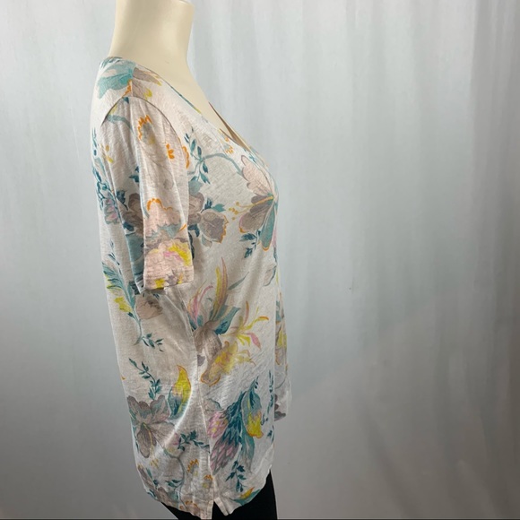 Ann Loft Floral Print Linen V-neck Tee M - Picture 3 of 8